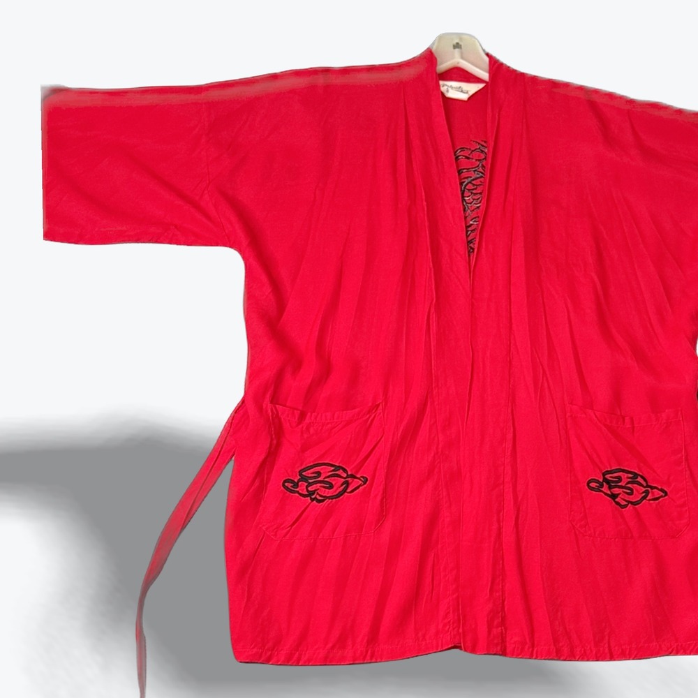 Private Touches Red Dragon‎ Embroidered Kimono Robe Belted Rayon Size Medium